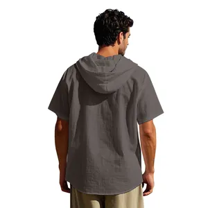 Back view of men's casual charcoal grey cotton linen short sleeve hooded shirt