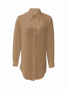 Long sleeve women's shirt in camel featuring a classic collar and irregular curved hem