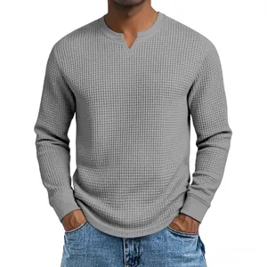 Men's casual grey waffle knit long sleeve notch V-neck shirt in a slim fit design