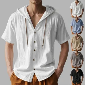 Men's Casual Cotton Hooded Shirt Short Sleeve Button Down Summer Beach Solid Color Fashion Top