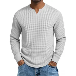 Men's slim fit long sleeve waffle knit t-shirt with a notched v-neck in light grey
