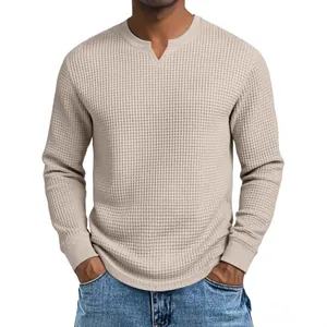 Premium men's waffle knit long sleeve slim fit V-neck undershirt in oatmeal beige color