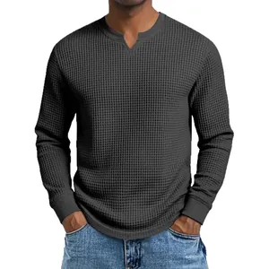 Premium men's waffle knit long sleeve slim fit V-neck shirt in dark grey charcoal finish