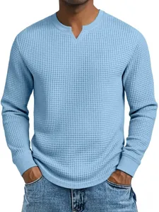 T-shirt décontracté à manches longues pour homme en maille gaufrée, col en V, bleu clair
