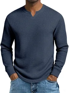 T-shirt décontracté à manches longues en tricot gaufré bleu marine, coupe ajustée
