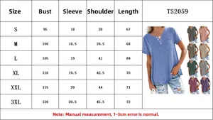 Size chart for women's V-neck pocket T-shirt with measurements for S to 3XL