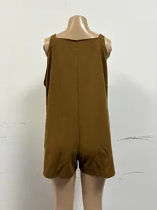 Detailed back view of a minimalist solid color sleeveless romper jumpsuit displayed on mannequin