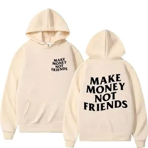 Stylischer cremefarbener Hoodie mit 'MAKE MONEY NOT FRIENDS' Aufdruck auf Vorder- und Rückseite