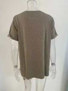 Back view of a khaki loose fitting short sleeve casual basic T-shirt on a mannequin