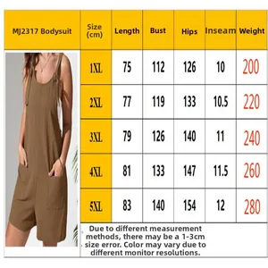 Detailed size chart for women's sleeveless jumpsuit with model wearing brown jumpsuit