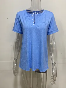 Front view detail of women's blue Henley V-neck T-shirt with pocket and buttons