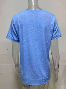 Detailed back view of a light blue loose V-neck short sleeve T-shirt for women.