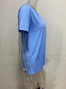 Side view of a light blue V-neck short sleeve T-shirt on a mannequin showing loose fit style.
