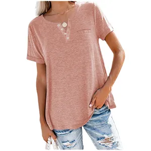 Women's loose casual V-neck short sleeve T-shirt with chest pocket in dusty rose pink