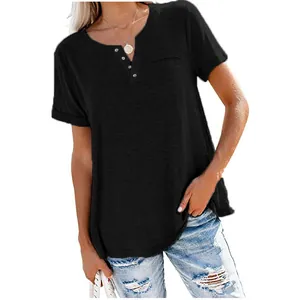 Women's casual black V-neck short sleeve loose t-shirt with front pocket detail