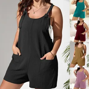 Women Solid Color Spaghetti Strap Romper Casual Summer Sleeveless Jumpsuit With Pockets Loose Fit Polyester Fashion Bodysuit Streetwear