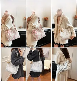 Lifestyle shots showing various butterfly print large capacity tote bags on a shoulder