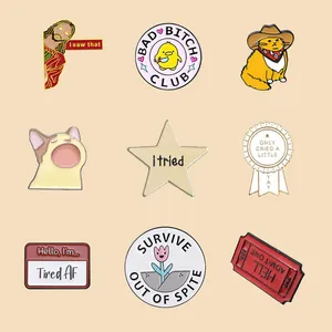 Set of 9 creative funny enamel pins with cartoon animals and humorous English slogans