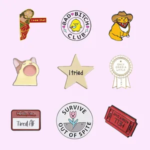 Collection of funny meme enamel pins featuring humorous English text on a pink background.