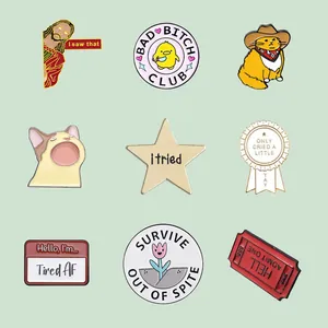 Creative collection of 9 funny enamel pins featuring cat memes, stars, and slogans.
