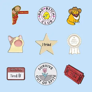Detailed view of 9 unique cartoon enamel pins with humorous quotes and cute characters