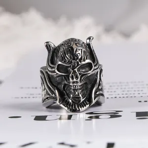 Detailed macro view of a vintage gothic skull ring crafted from durable stainless steel for men