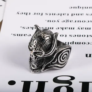 Detailed macro view of vintage gothic skull ring crafted in durable stainless steel