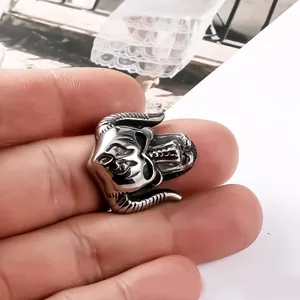 Vintage Stainless Steel Goat Head Skull Monster Ring For Men Punk Gothic Baphomet Horn Biker Jewelry Fashion Finger Ring