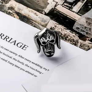 Vintage titanium steel monster ring with horned skull design for men's gothic style