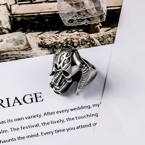 Vintage stainless steel horned monster ring with retro punk gothic style for men