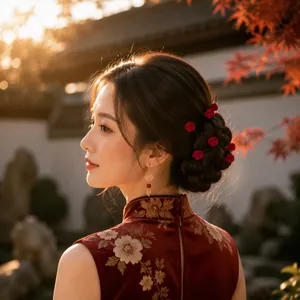Detailed view of red rose hairpins and elegant earrings for traditional Chinese hairstyles