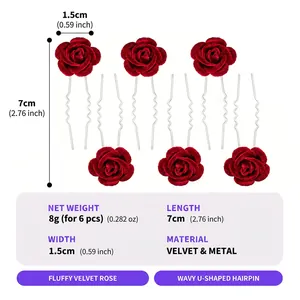 Detailed specs of red velvet rose U-shaped hairpins with 7cm length and 8g weight.