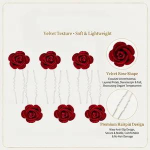 Detailed view of exquisite red velvet rose U-shaped hairpins with a wavy non-slip design