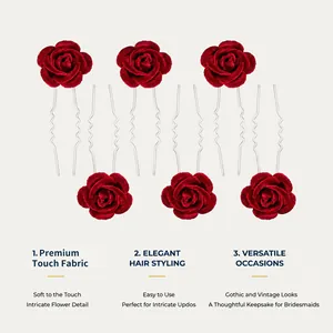 Detail view of red rose hair pins showcasing premium fabric and intricate flower design.