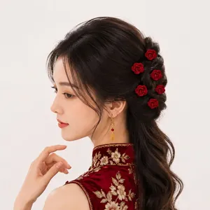Vintage Chinese Style Red Rose Hair Sticks 6-Piece Set Velvet Fabric Flower U-Shaped Hairpins For Hanfu Cheongsam Wedding Bridal Party Jewelry