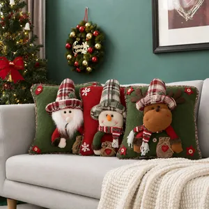 Festive Christmas throw pillow covers with 3D Santa, Snowman and Reindeer designs.