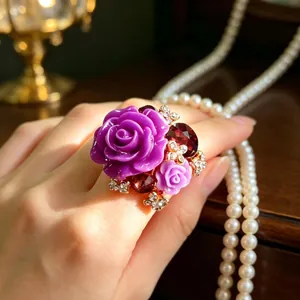 Statement purple resin rose ring with sparkling red gemstones and adjustable band for women