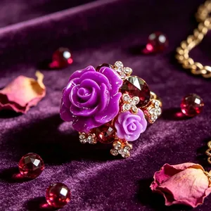 Exquisite purple resin rose ring with sparkling red crystals on luxury velvet background