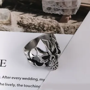Vintage titanium steel skull ring for men with antique silver finish detail view