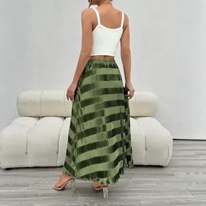 Jupe Maxi Plissée Élégante pour Femmes Taille Haute Aspect Satin Couleur Unie Vert Olive Jupe Longue en A pour Bureau Fête