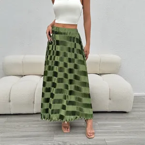 Jupe longue plissée à carreaux verts élégante pour femme avec taille haute tendance