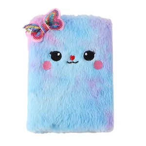 Simpatico quaderno in peluche tie-dye blu con fiocco di paillettes e muso di animale ricamato