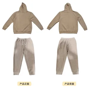 Detailed front and back views of a men's casual jacquard hooded tracksuit set