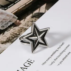 Large Pentagram Star Ring Stainless Steel Punk Vintage Polished Oxidized Texture Statement Jewelry For Men And Women