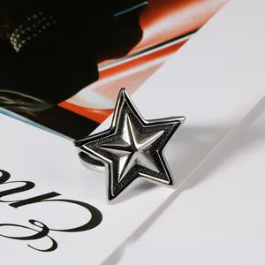 Punk style stainless steel five-pointed star ring featuring a vintage silver finish.