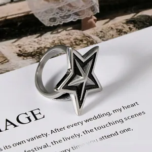 Punk style titanium steel ring featuring a bold pentagram star design on white surface.