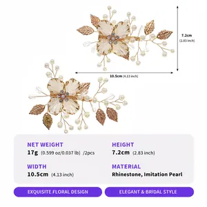 Detailed size and weight specifications for these gold pearl floral hair clips.