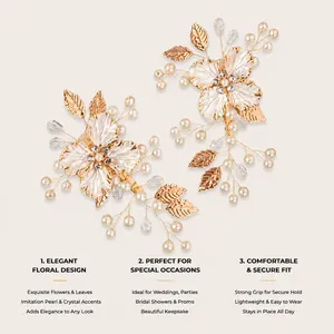 Exquisite handmade gold flower hair clips featuring elegant pearls and crystal accents