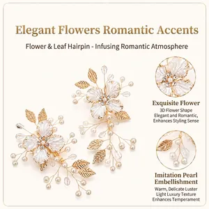 Detail view of handmade gold floral hair clips with pearls and rhinestones for brides