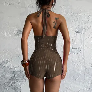Body sexy marron à strass pour femmes, vue de dos détaillée